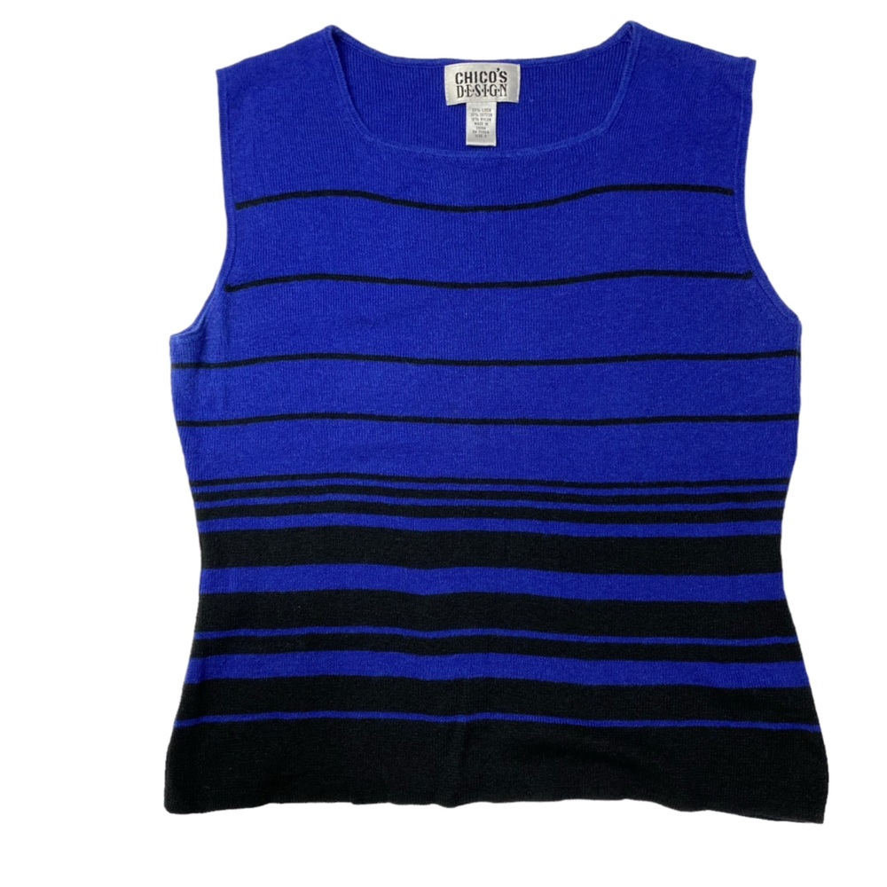 Chico's Design blue and black striped linen cotton shell sleeveless sweater sz 0